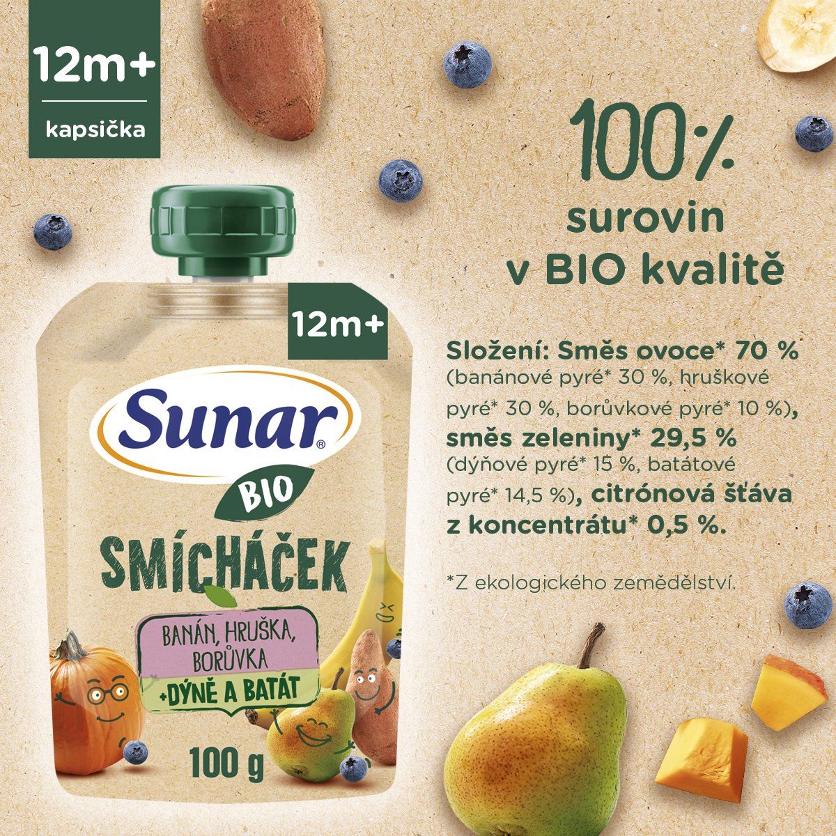 Sunar BIO ovocná kapsička Smícháček banán, hruška, dýně, batáty a borůvky 100 g