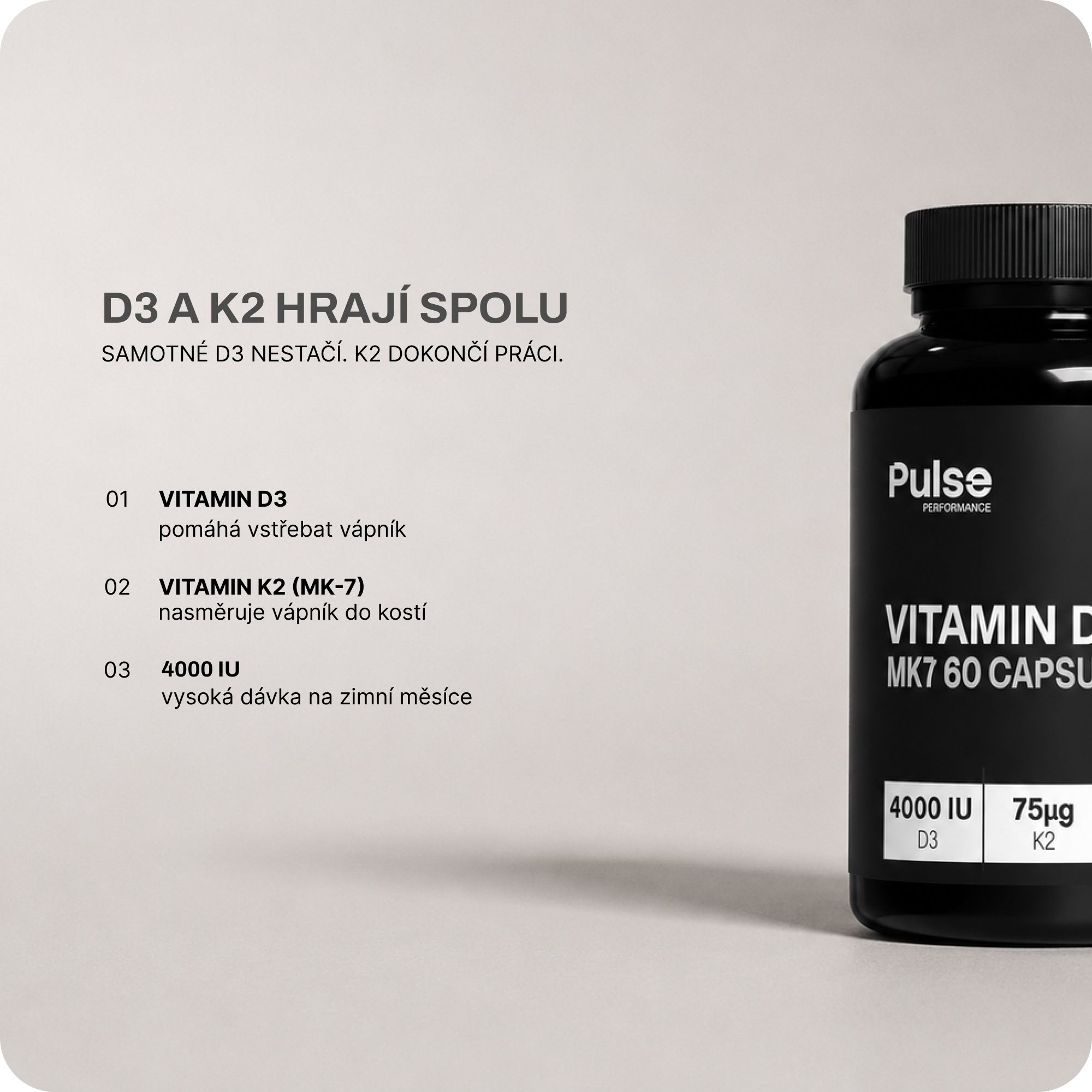 Pulse Performance Vitamin D3+K2 MK7 60 kapslí