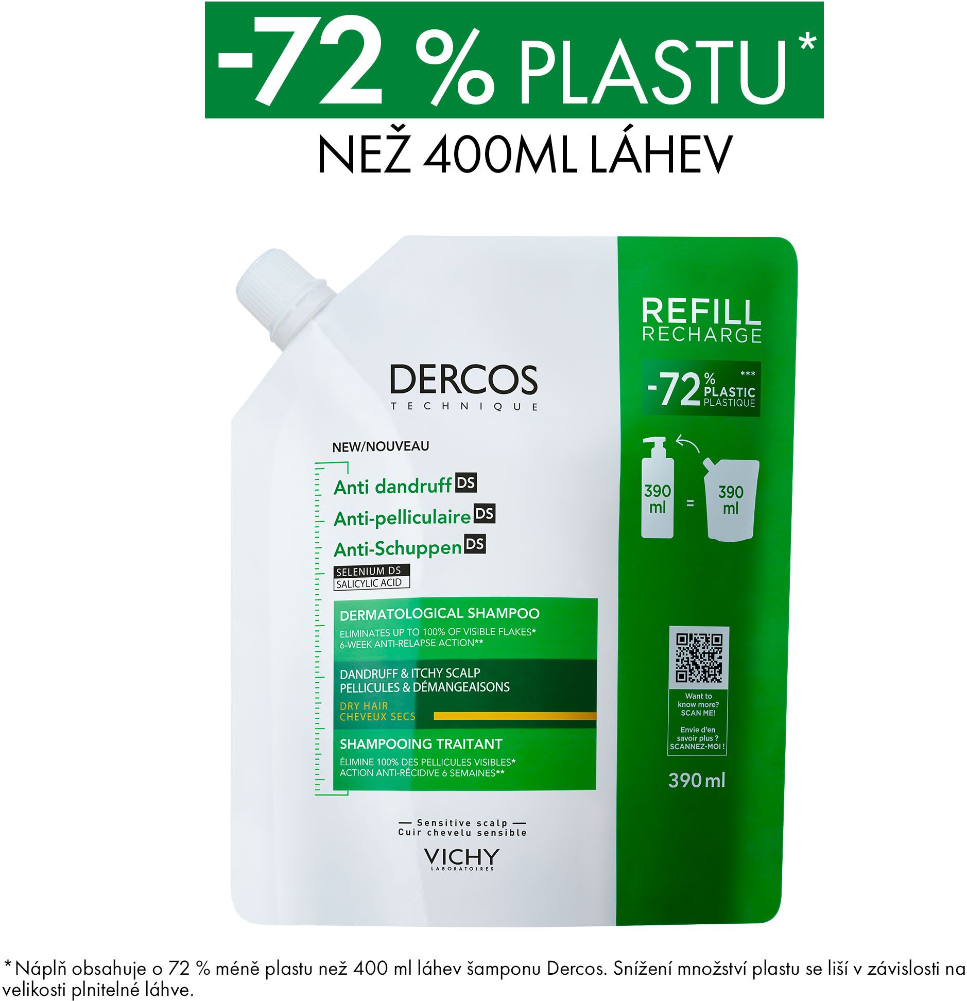 Vichy DERCOS Šampón proti lupům se SELENIEM DS pro suché vlasy - náhradní náplň 390 ml