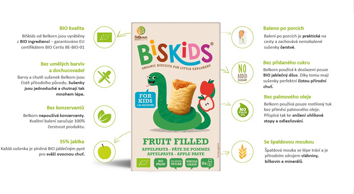 Belkorn BISkids BIO měkké dětské sušenky s jablečným pyré bez přidaného cukru 33% ovoce 120 g