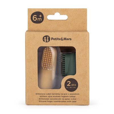 Petite&Mars Sada silikonových zubních kartáčků na prst Ochre&Green 0m+ 2 ks