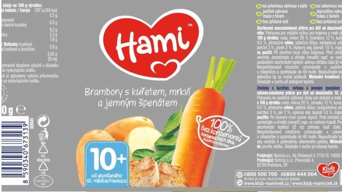 Hami masozeleninový příkrm Brambory s kuřetem, mrkví a jemným špenátem, 12+ 250 g