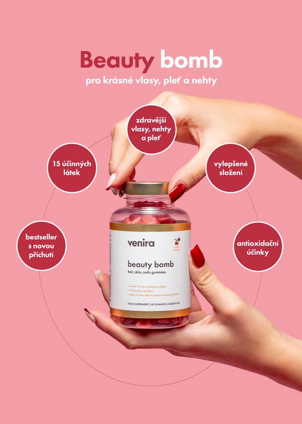 Venira beauty bomb - medvídci pro vlasy, nehty a pleť třešňové lízátko 60 ks