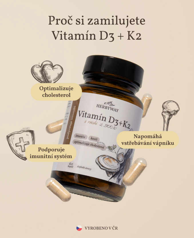 Herbyway Vitamín D3+K2 s Reishi 2500 IU, 60 kapslí