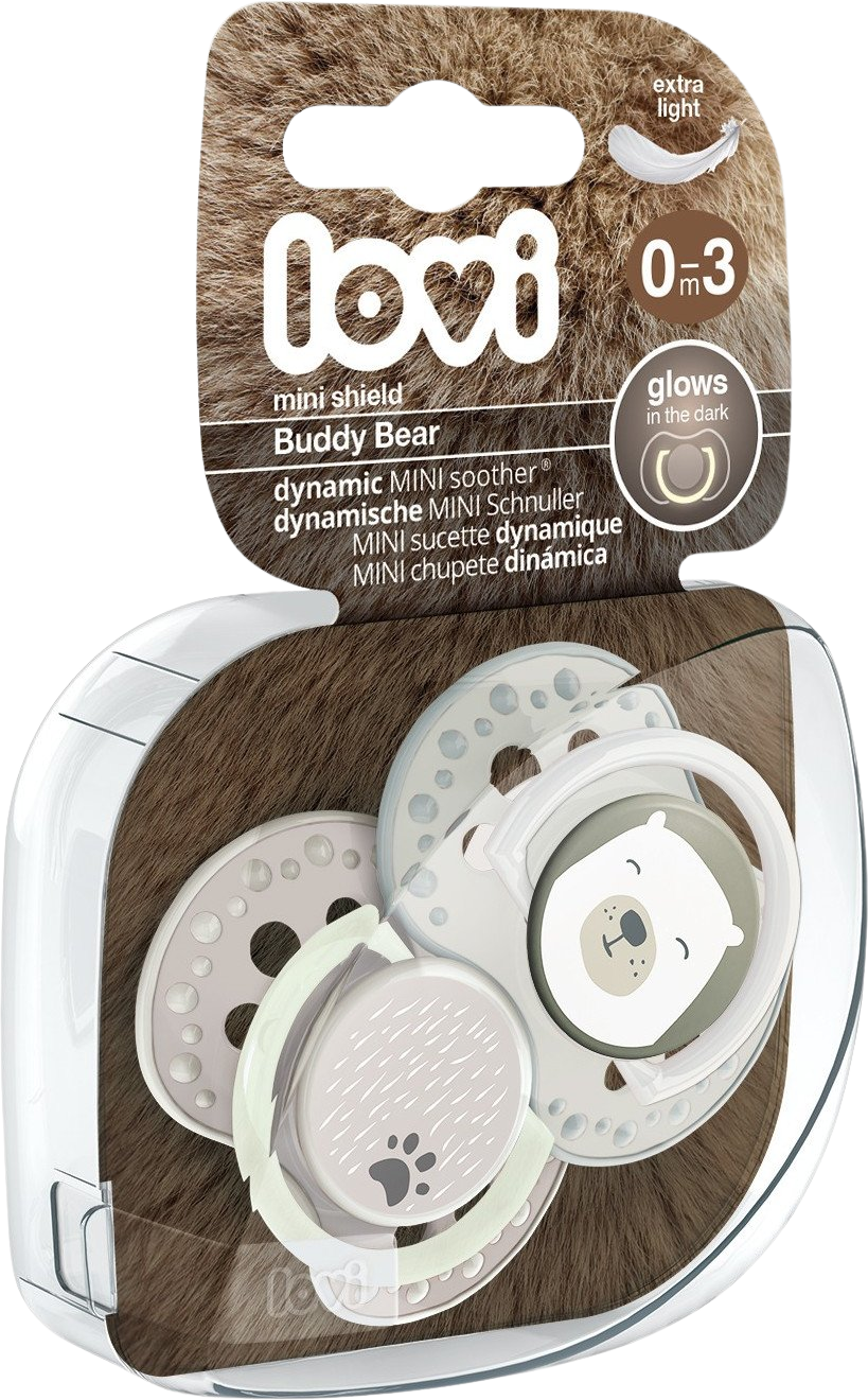 LOVI Dudlík s mini štítkem silikonový dynamický Buddy Bear 0-3m 2 ks