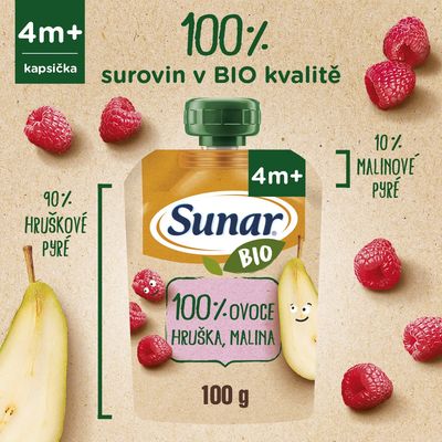 Sunar BIO ovocná kapsička hruška, malina 4m+ 100 g
