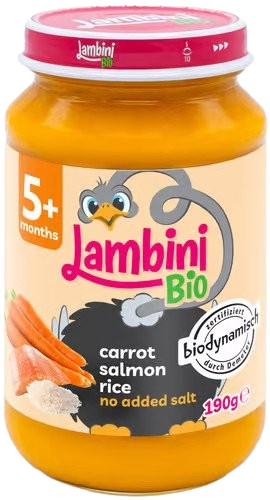 Lambini Bio Demeter příkrm mrkev, rýže a losos 190 g