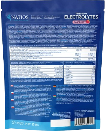 Natios Premium Electrolytes, Elektrolyty s 12 aminokyselinami, Malina 600 g