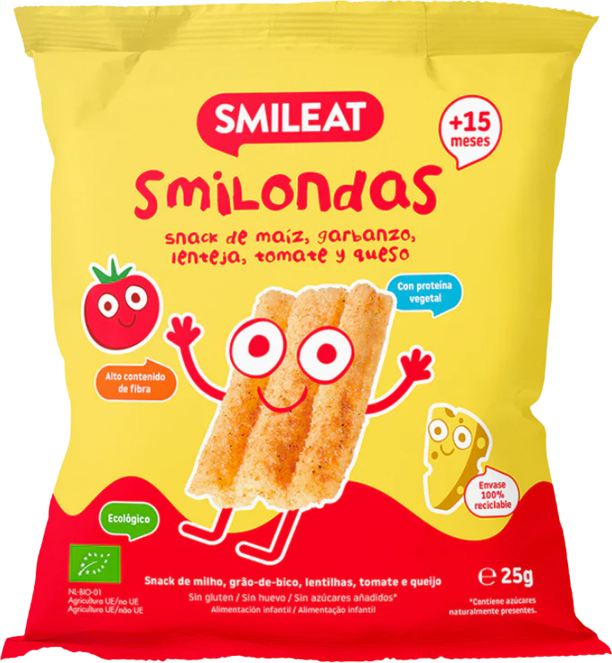 Smileat BIO kukuřičné křupky cizrna, čočka, rajče a sýr s olivovým olejem a vitaminem B1 15M+ 25 g