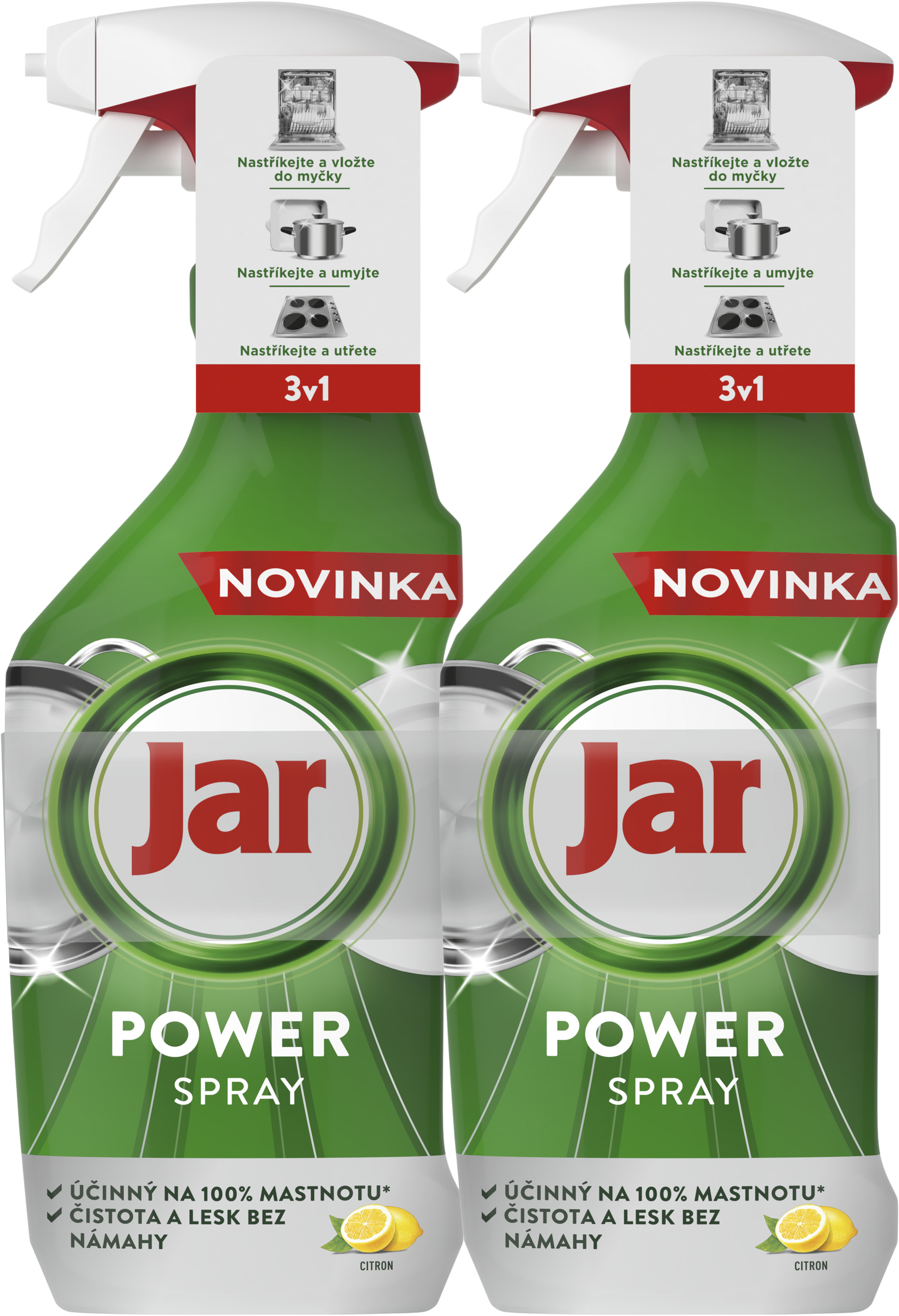 Jar Power Spray 3v1, víceúčelový sprej na nádobí a do kuchyně, citronová vůně 2 x 500 ml