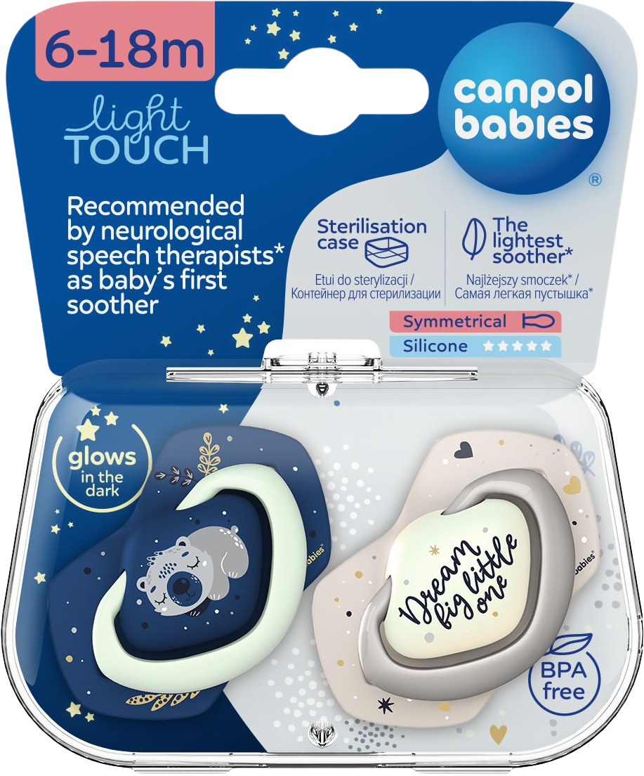 Canpol babies Set symetrických silikonových dudlíků Light touch 6-18m Sleepy Koala, modrý 2 ks