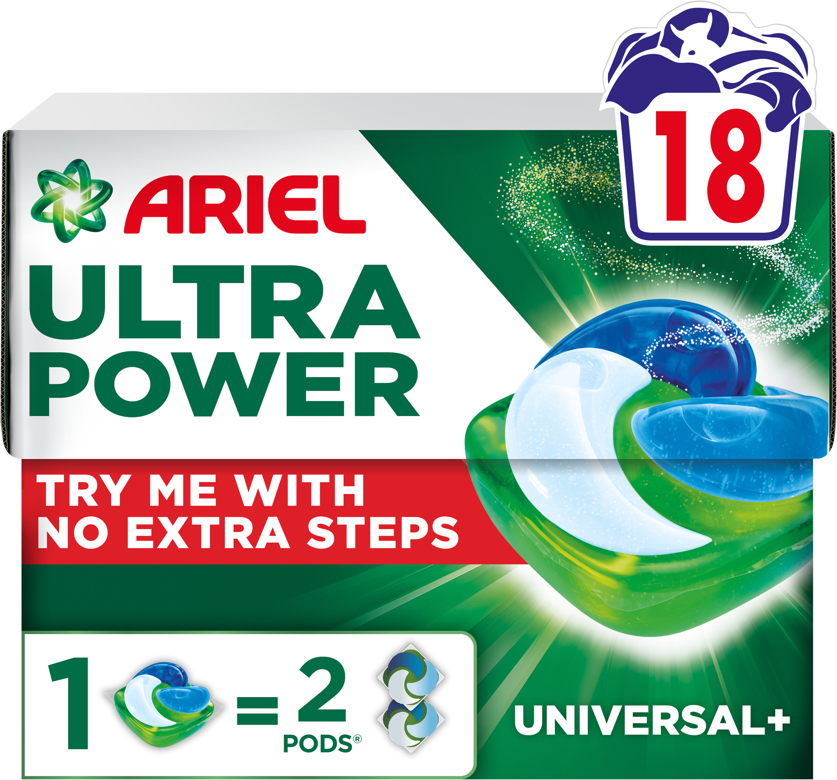 Ariel Ultra Power Pods, Kapsle Na Praní S Tekutým Pracím Prostředkem, Universal+ 18 kapslí