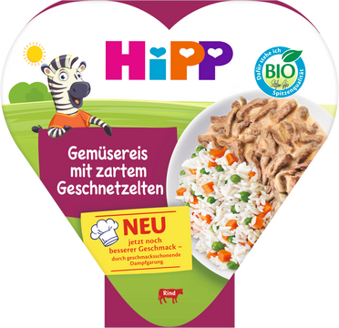HiPP BIO Rýže se zeleninou a hráškem a jemně nakrájeným hovězím masem 250 g
