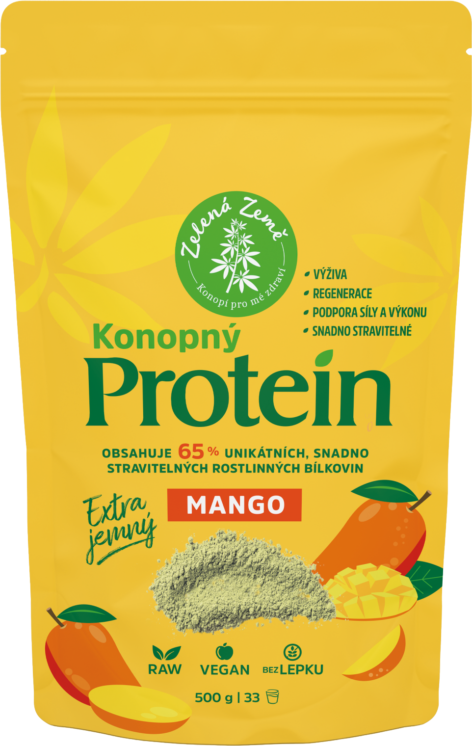 Zelená Země Konopný protein EXTRA jemný (65% bílkovin) s mangem 500 g