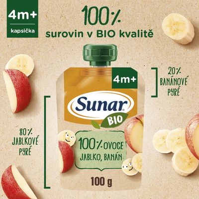 Sunar BIO ovocná kapsička jablko, banán 4m+ 100 g