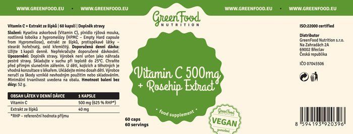 GreenFood Nutrition Vitamin C 500mg + Rosehip extract 60 kapslí