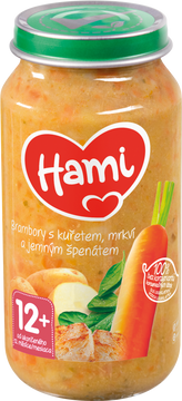 Hami masozeleninový příkrm Brambory s kuřetem, mrkví a jemným špenátem, 12+ 250 g