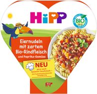 HiPP BIO příkrm Vaječné nudle se zeleninou a paprikou a jemným hovězím masem 250 g