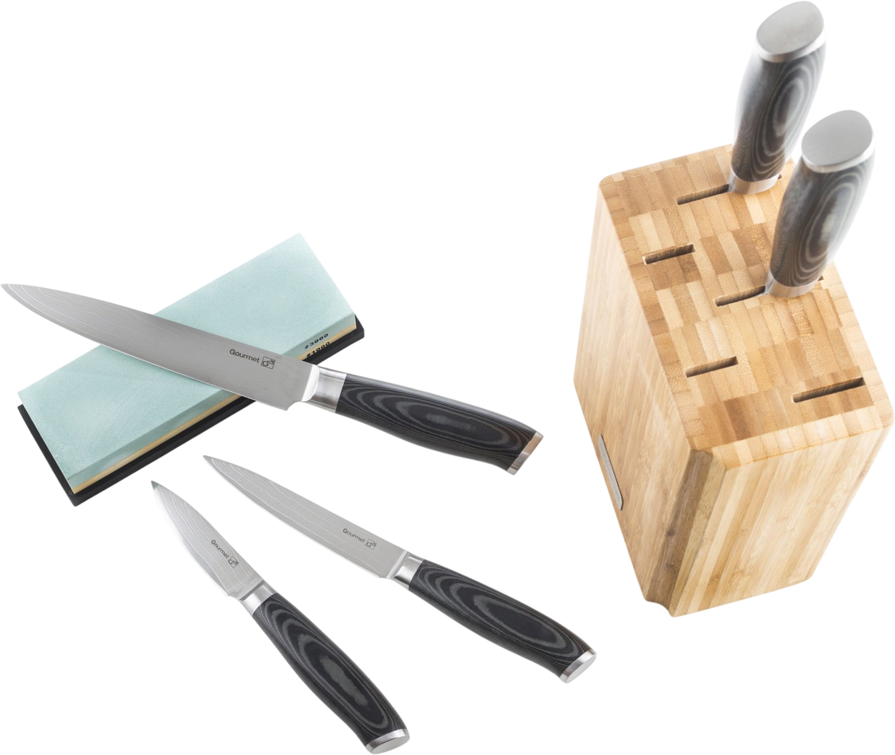 G21 Sada nožů Gourmet Damascus v bambusovém bloku + brusný kámen