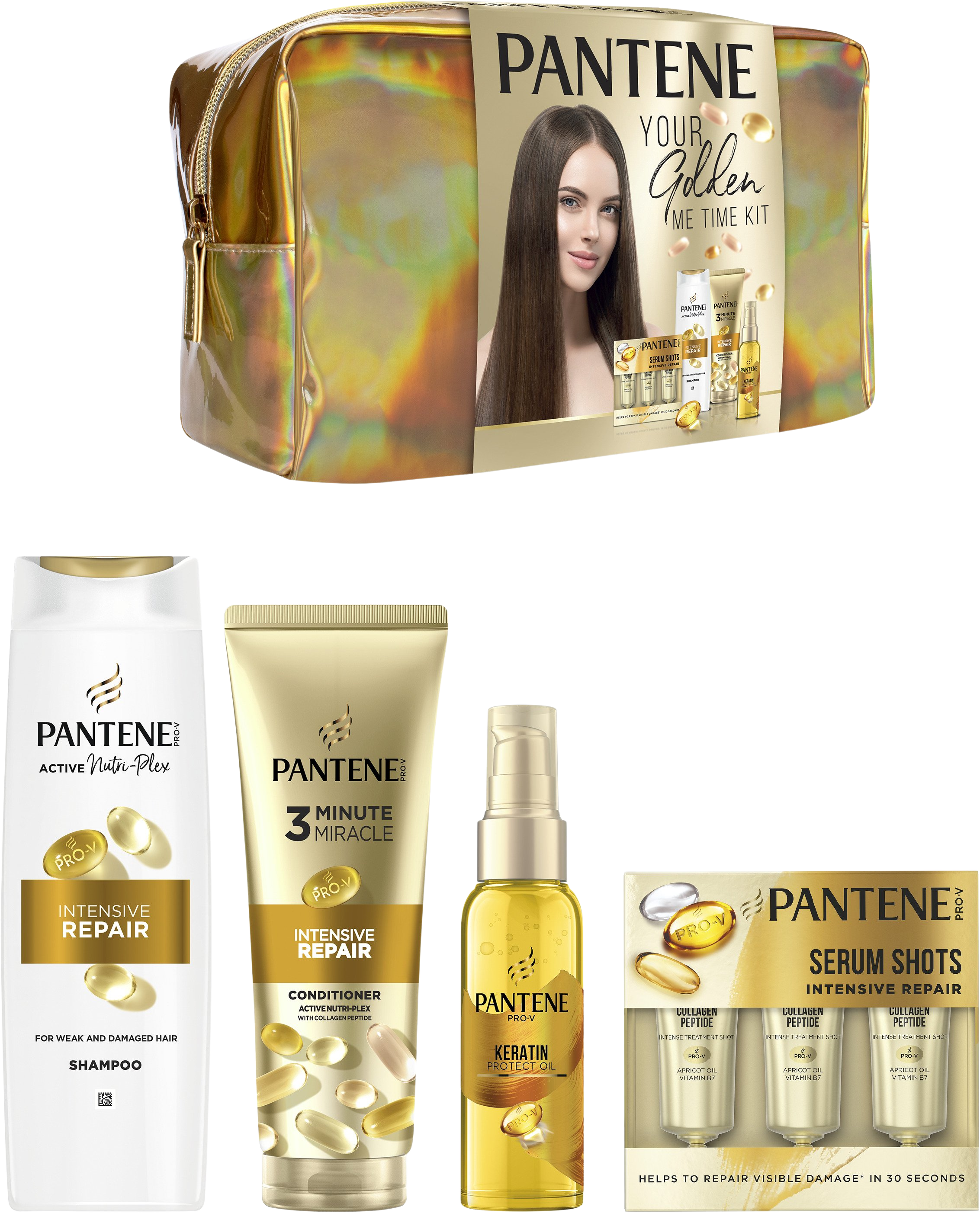 Pantene Sada čtyř produktů Pantene: olej, šampon, sérum v ampulkách a maska