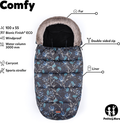 Petite&Mars Set zimní fusak Comfy 4v1 + rukavice na kočárek Furry Forever Black