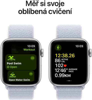 Apple Watch SE (2024) Cellular 44mm Stříbrný hliník s oblačně modrým provlékacím řemínkem