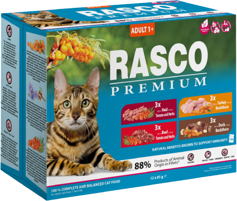 RASCO PREMIUM Kapsičky Cat Pouch Adult - 3x beef, 3x veal, 3x turkey, 3x duck 12 x 85 g