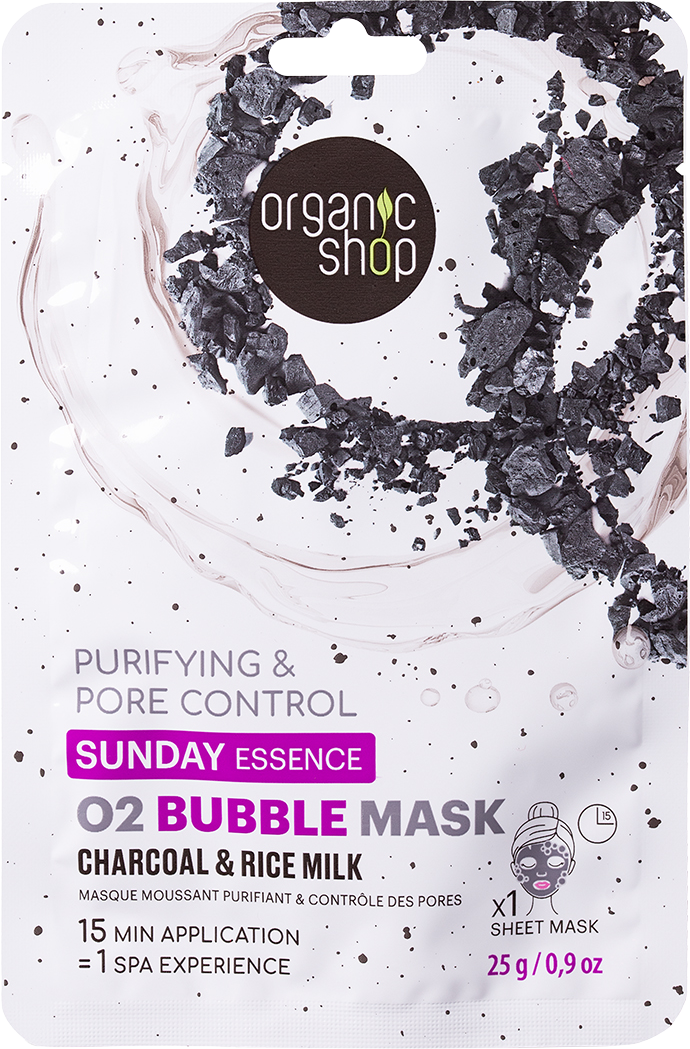 Organic Shop Plátýnková maska Sunday Essence O2 Bubble s Černým uhlím a Rýžovým mlékem 25 g