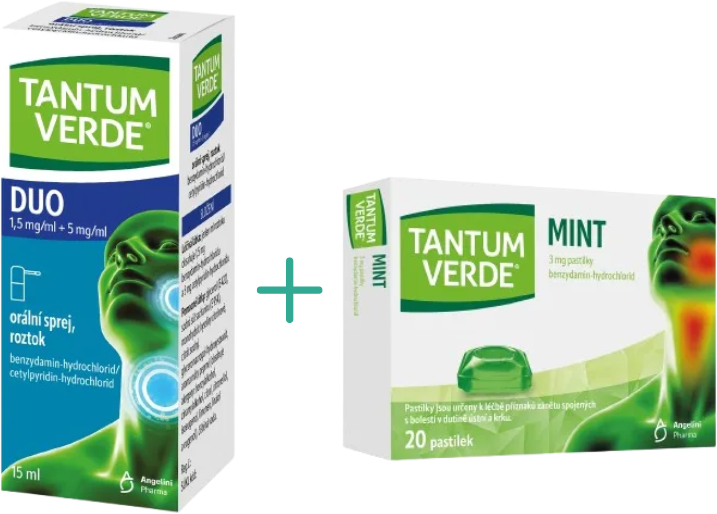 Tantum Verde DUO 1,5 mg/ml + 5 mg/ml orální sprej, roztok a Tantum Verde Mint 3mg 20 pastilek 15 ml