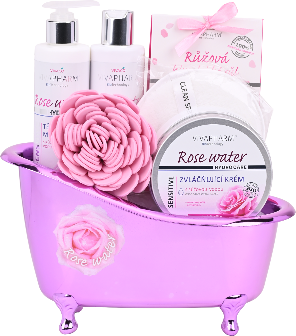 Vivaco Ros2501 Dárkové balení rose water - sprchový gel + tělové mléko + himalájská sůl + zvláčňující krém + dárek