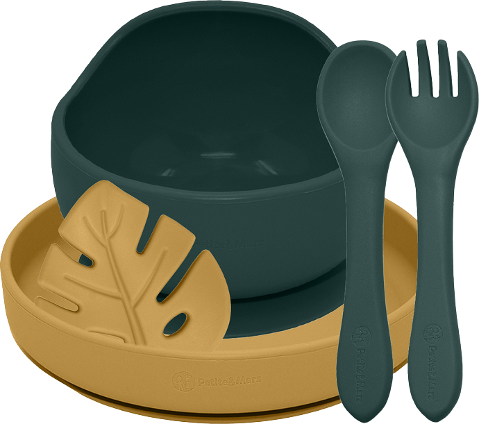 Petite&Mars Set jídelní silikonový TAKE&MATCH, Misty Green - Intense Ochre 6m+, 4 ks