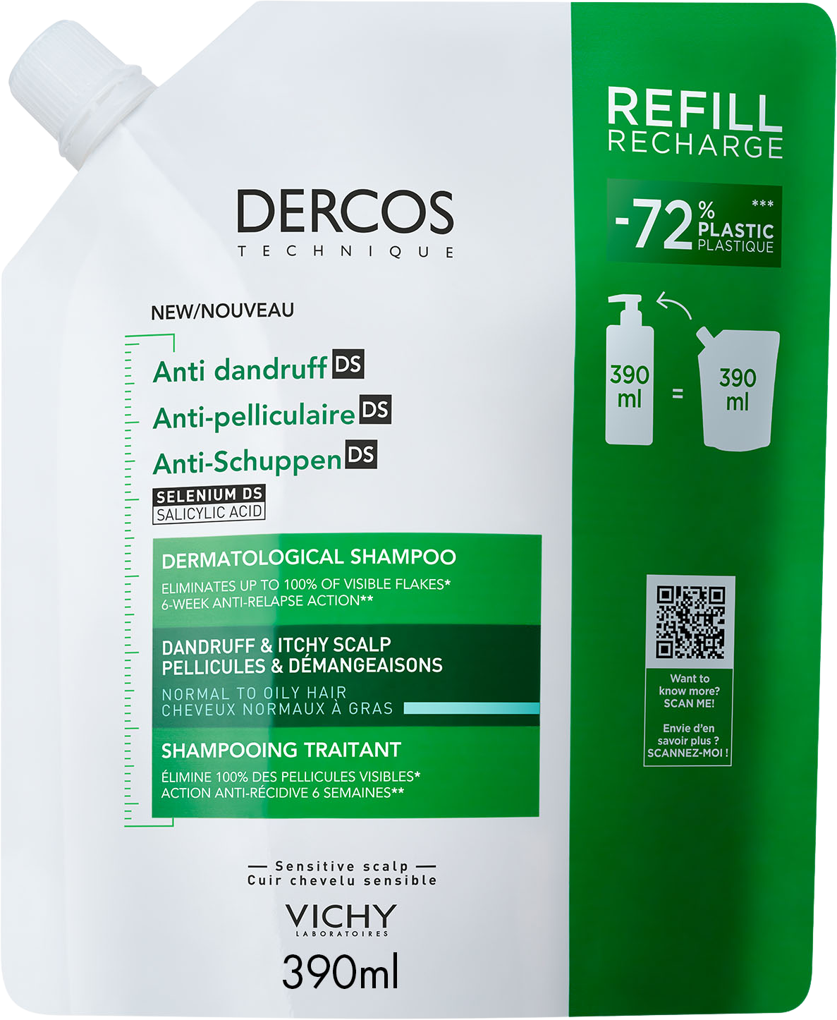 Vichy DERCOS šampón proti lupům - náhradní náplň 390 ml