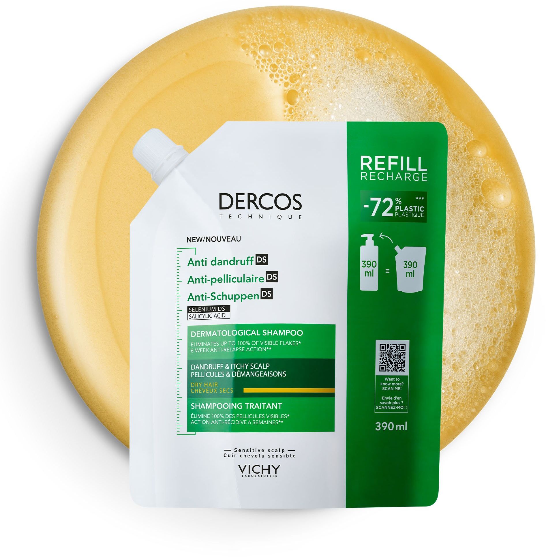 Vichy DERCOS Šampón proti lupům se SELENIEM DS pro suché vlasy - náhradní náplň 390 ml