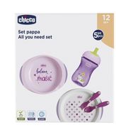 Chicco Jídelní set - talíře, příbory, sklenka, 12m+ - růžový