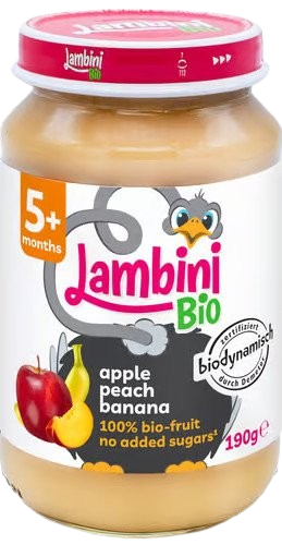 Lambini Bio Demeter příkrm jablko, broskev a banán 190 g