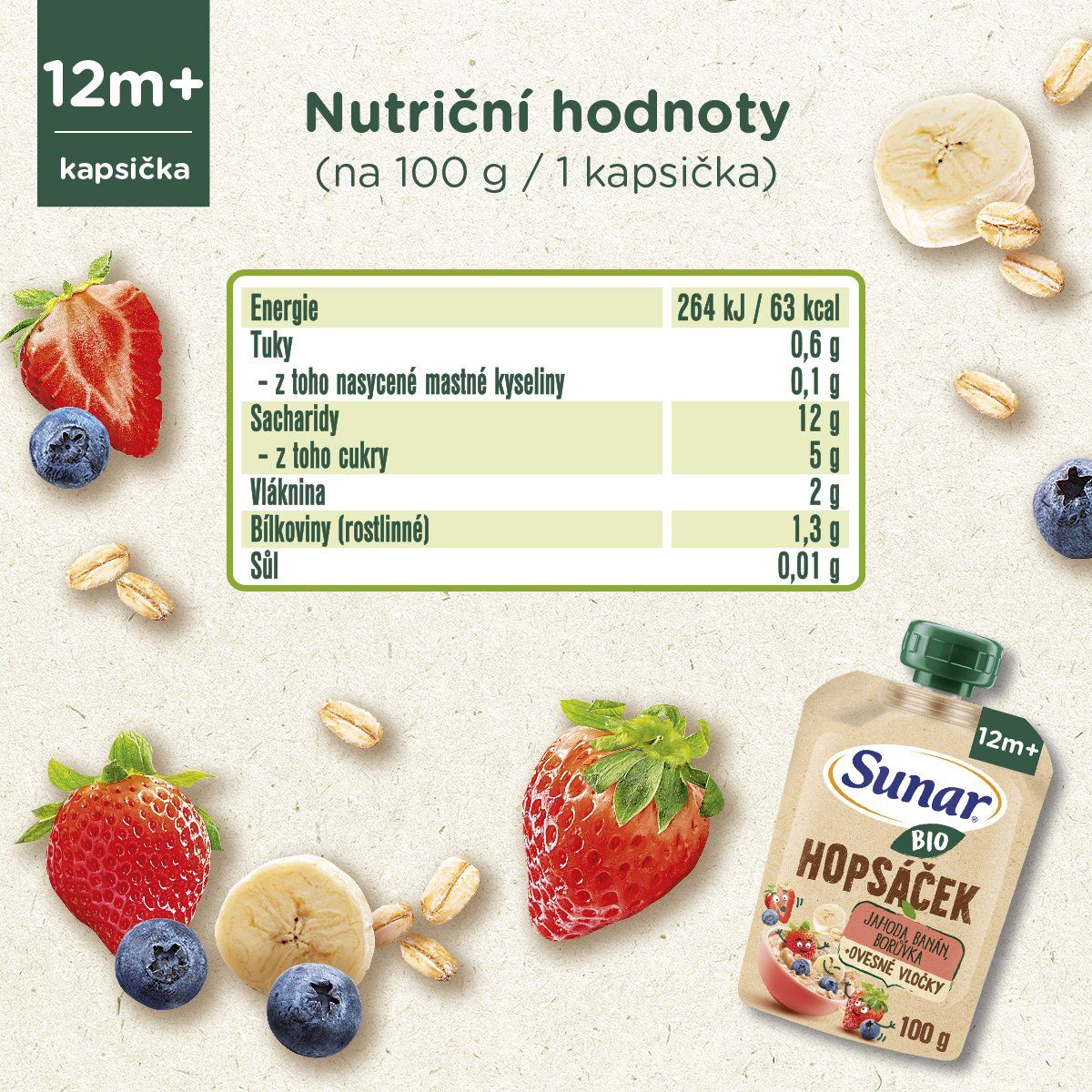 Sunar BIO ovocná kapsička Hopsáček jahoda, banán, borůvka a ovesné vločky 100 g