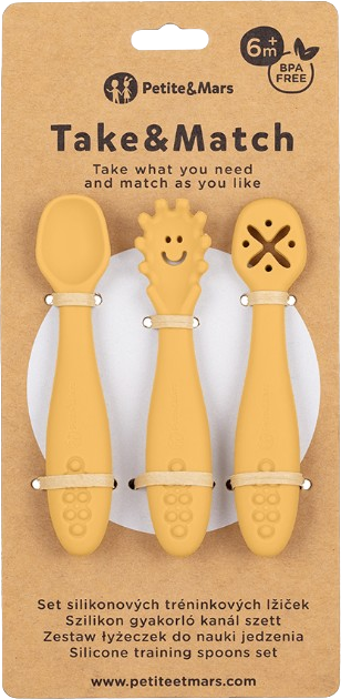 Petite&Mars Set silikonových tréninkových lžiček Take&Match Intense Ochre 6m+ 3 ks