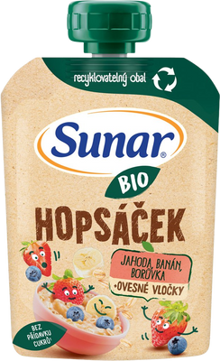 Sunar BIO ovocná kapsička Hopsáček jahoda, banán, borůvka a ovesné vločky 100 g