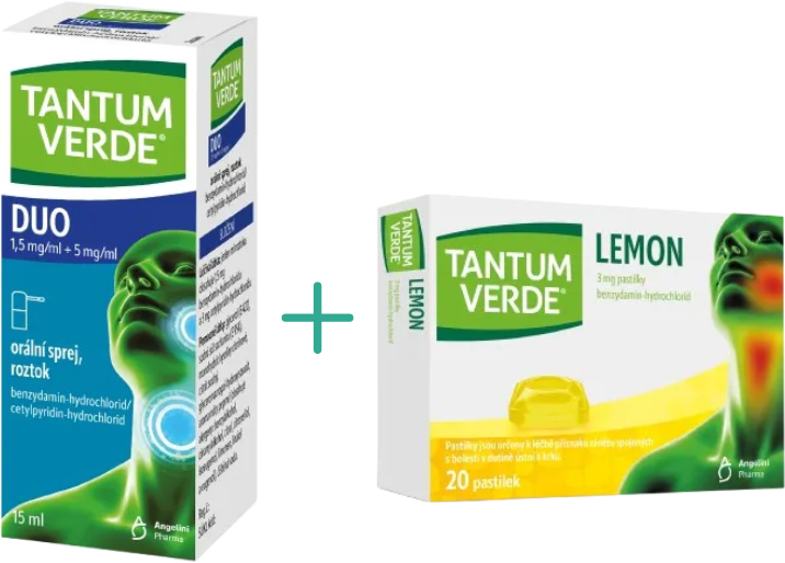 Tantum Verde DUO 1,5 mg/ml + 5 mg/ml orální sprej, roztok a Tantum Verde Lemon 3mg 20 pastilek