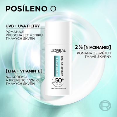 L'Oréal Paris Bright Reveal Denní Anti-UV Fluid SPF 50+ proti tmavým skvrnám, 50 ml