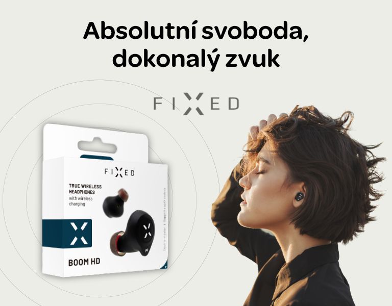 FIXED TWS Sluchátka Boom HD s bezdrátovým nabíjením - černá 