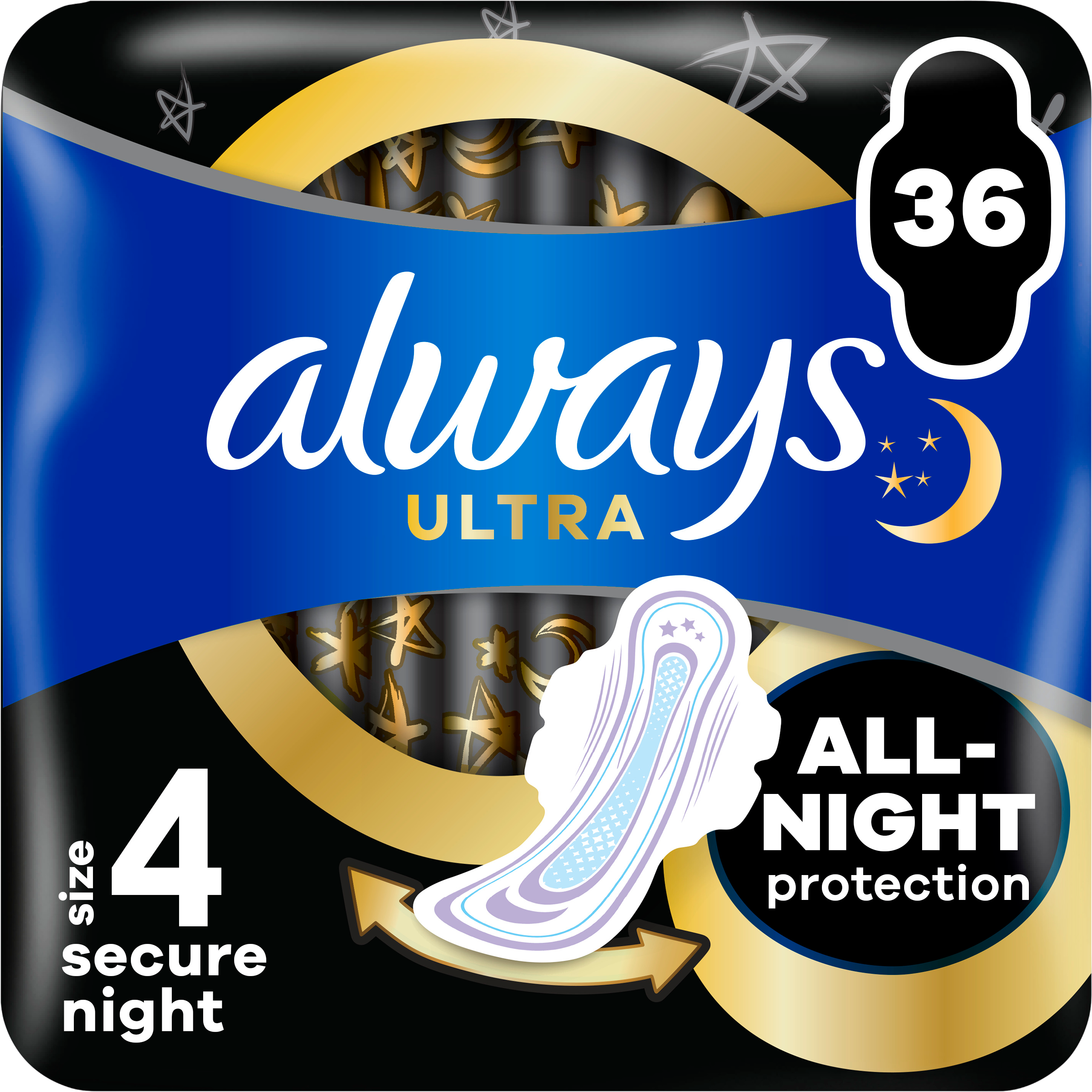 Always Ultra Secure Night hygienické vložky (vel. 4) s křidélky 36 ks