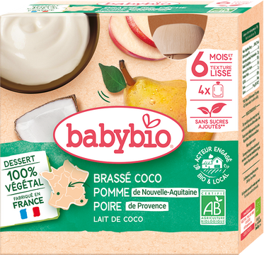 Babybio svačinka s kokosovým mlékem - jablko a hruška 4 x 85 g