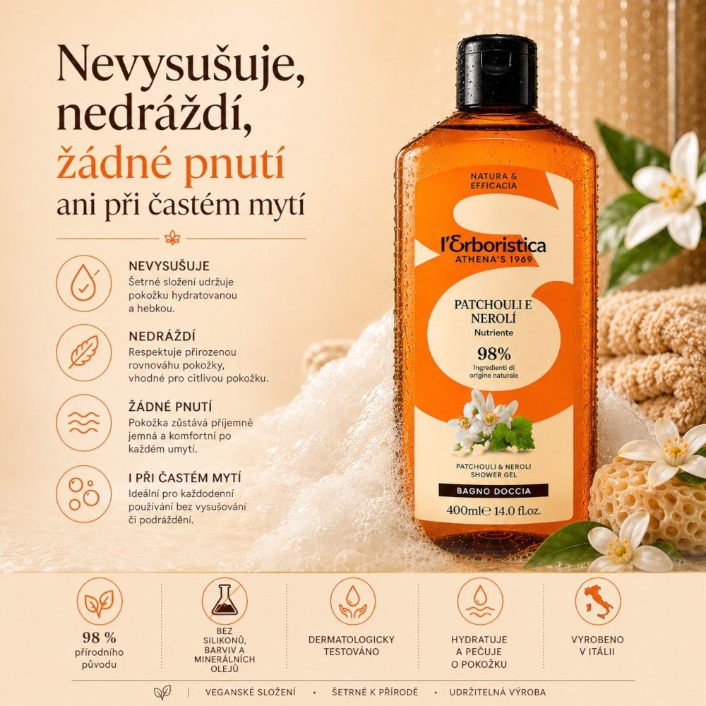 Erboristica Přírodní sprchový gel Patchouli & Neroli - vitalita a sametová hebkost 400 ml