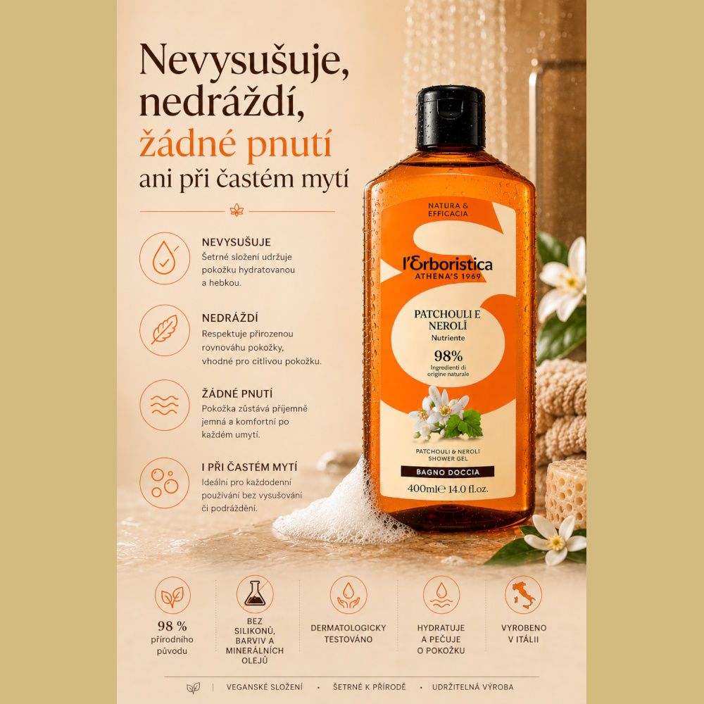 Erboristica Přírodní sprchový gel Patchouli & Neroli - vitalita a sametová hebkost 400 ml