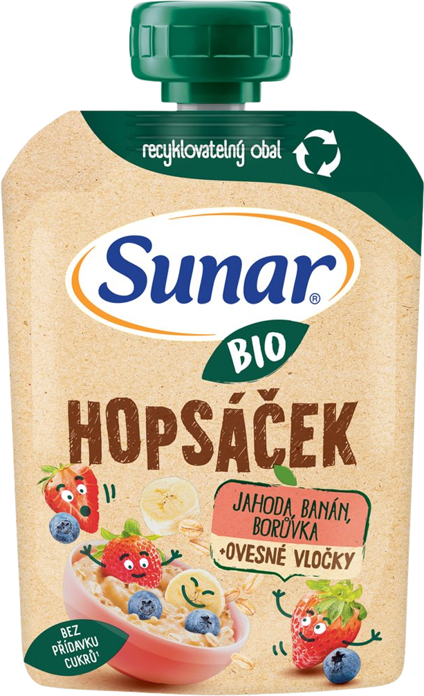 Sunar BIO ovocná kapsička Hopsáček jahoda, banán, borůvka a ovesné vločky 100 g