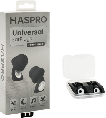 Haspro Universal Black, 1 pár opakovaně použitelných silikonových špuntů do uší, černé