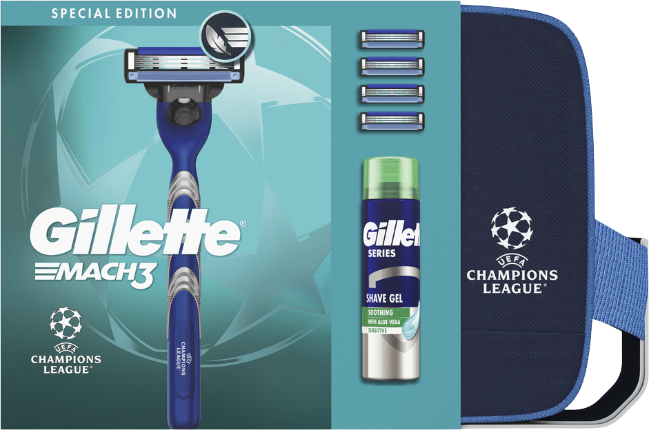 Gillette Mach3 Charcoal UEFA Champions League Special Edition, dárková sada - Pánský strojek, gel na holení + taška